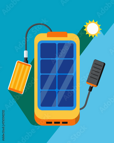 A solarpowered portable power bank great for charging multiple devices while traveling.. Vector illustration