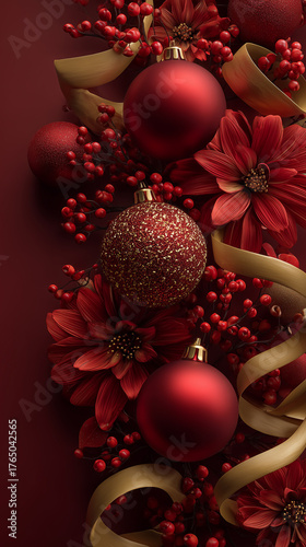 Intensywna kompozycja świąteczna: czerwone bombki, kwiaty i jagody, przeplatane złotymi wstążkami, na jednolitym, bordowym tle. Dekoracja, Boże Narodzenie.