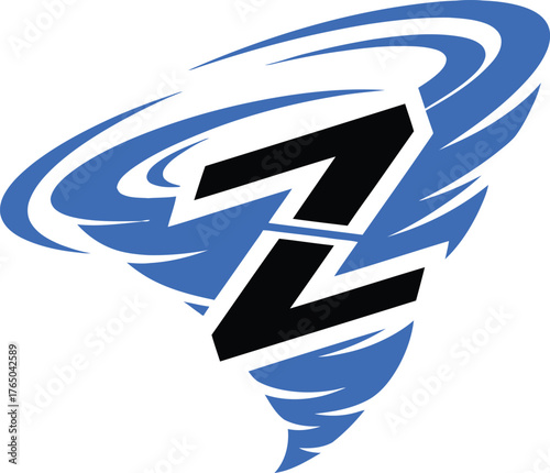 Dynamic blue swirling vortex with a sleek black number seven and an abstract letter l or v. this modern graphic logo design represents power speed and energetic motion vector Game logo