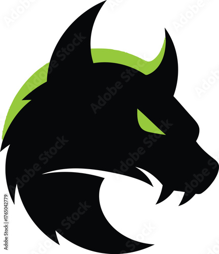 Aggressive wolf head silhouette icon with intense green eyes a powerful canine logo for gaming sports and modern branding design vector Game logo