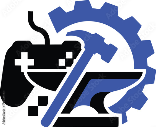Game development and creative engineering concept icon featuring a video game controller hammer anvil and industrial gear symbolizing digital craft technology and production processes vector Game logo
