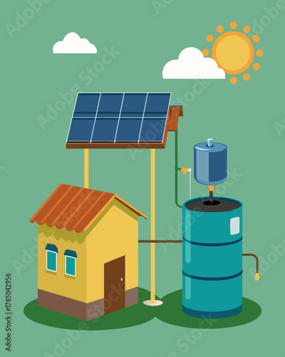 A solarpowered rainwater collection and filtration system that can be installed on rooftops providing a sustainable water source for households.. Vector illustration