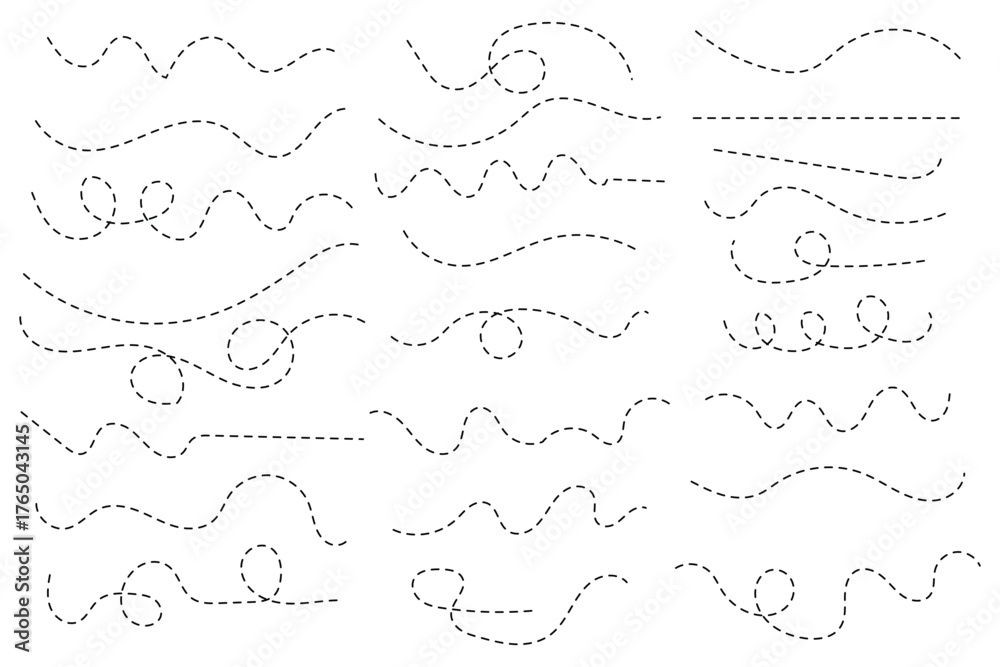 Obraz premium Hand drawn dot arrow vector set. Hand drawn line doodle arrow, curve arrow icon vector set. Vector illustration. Hand drawn dotted arrows set. Sketch curved dashed arrows design