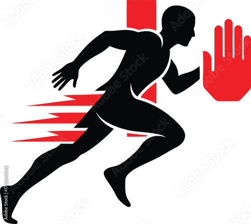 Dynamic runner silhouette with speed lines and stop hand symbol illustrating urgency warning and athletic performance a graphic representation of limits and momentum vector Game logo