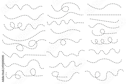 Hand drawn dot arrow vector set. Hand drawn line doodle arrow, curve arrow icon vector set. Vector illustration. Hand drawn dotted arrows set. Sketch curved dashed arrows design