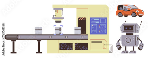 Conveyor belt system assembling products using robotic precision, industrial machinery, and automation. Orange car indicates final product. Ideal for technology, industry, robotics, assembly