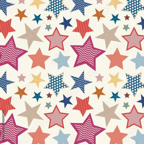 A seamless pattern of multicolored stars on a light background. Retro-style design for fabric, wrapping paper, nursery decor, party favors, or scrapbooking.