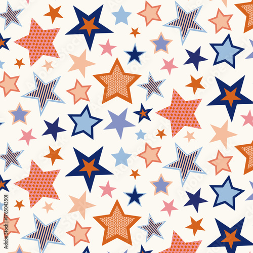 A seamless pattern with stylized scattered stars in various colors and designs. A festive abstract texture for decorative gift wrapping or textiles.