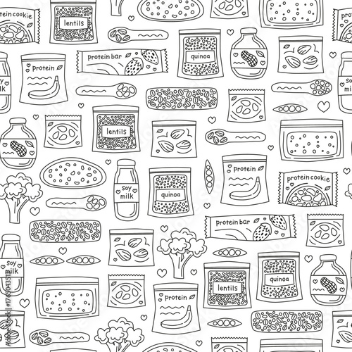 Seamless pattern with cute hand drawn outline vegan high protein food sources. Background with plant based healthy products.