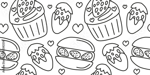 Black and white seamless pattern with hand drawn outline glazed strawberries, cupcakes and macaroons. Cute background with summer desserts.