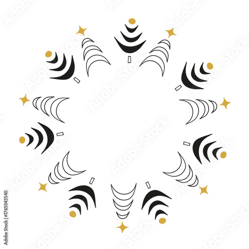 Cute Christmas wreath with symbolic fir trees isolated on white background. New year circle frame with celestial icons.