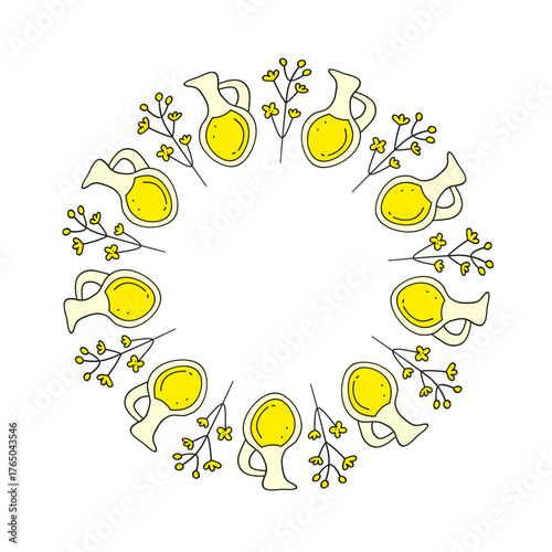 Cute round frame with doodle cooking oil in jug and canola rapeseed flowers isolated on white background.