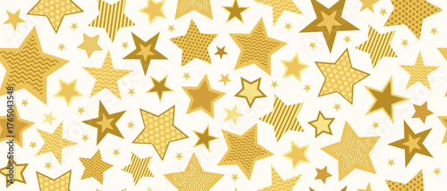 A golden pattern with stars on a light background for festive designs. A seamless decorative element for birthday, Christmas, New Year, and Valentine's Day celebrations.