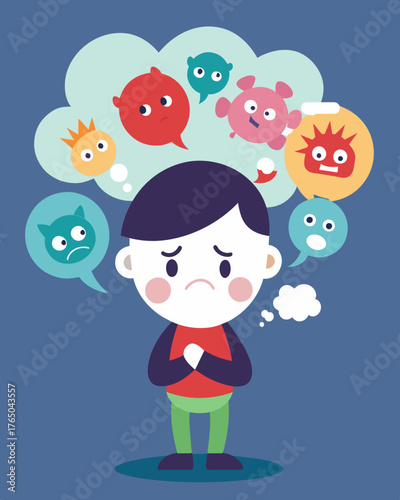 A character with a thought bubble full of negative comments and insults from their inner critic.. Vector illustration