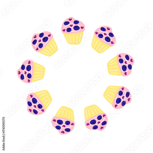 Cute round wreath with blueberry cupcakes isolated on white background.