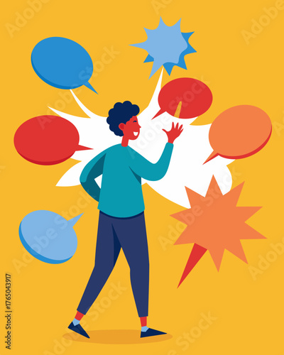 A person desperately trying to pop each speech bubble but with every one that bursts two more take its place.. Vector illustration