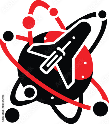 Rocket launching from a stylized planet surrounded by orbiting atomic particles and rings symbolizing scientific discovery space exploration and technological innovation vector Game logo