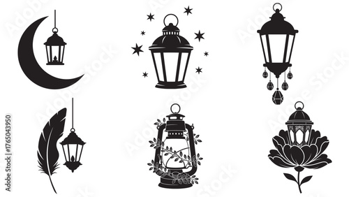 mystical moon lantern minimal silhouette collection black solid unique nature vector set elegant modern design