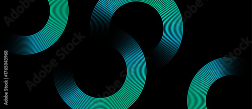 Geometric abstract shapes, seamless loops of teal and green gradients gracefully overlap and intertwine on a deep black background, offering a contemporary flair background