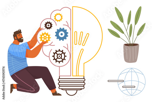 Man placing gears inside a lightbulb, representing creative thinking, innovation, and teamwork. Ideal for concepts thumbs up ideas, solutions, business strategy, education, and sustainable growth