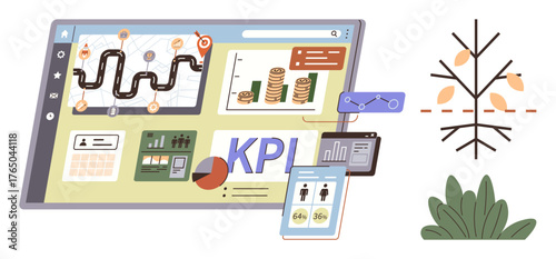 Data dashboard with charts, financial growth metrics, KPI tracking, process map, and tree representing growth. Ideal for business success, performance tracking, strategy, analytics technology