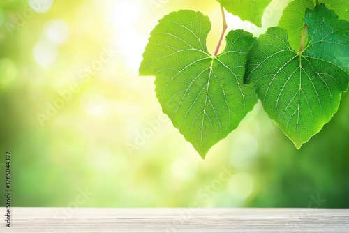 Bright Green Leaves with Soft Background and Wooden Surface for Nature and Freshness Concept in Stock Photography