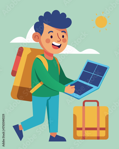 A traveler excitedly unpacking their backpack to reveal a compact foldable laptop with a solar panel attached perfect for staying connected on the go.. Vector illustration