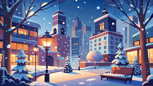 Very beautiful winter urban exploration scene capturing gentle snowfall over quiet streets, glowing warm lights reflecting on wet pavement, and a solitary tree standing amid serene night atmosphere — 
