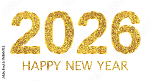 2026 golden glitter numbers with gold gradient outline and text Happy New year isolated on transparent background. Vector illustration sticker, clip art for greeting card, holiday posters, banners