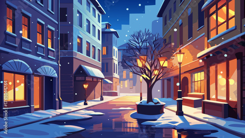 Very beautiful winter urban exploration scene capturing gentle snowfall over quiet streets, glowing warm lights reflecting on wet pavement, and a solitary tree standing amid serene night atmosphere — 