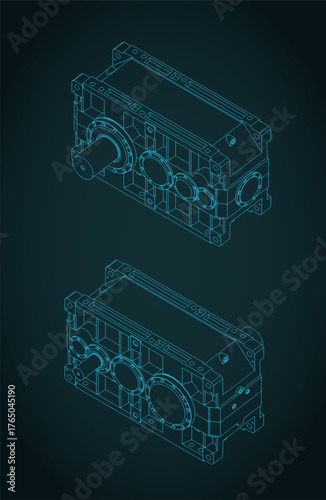 High performance reduction spur gear box isometrivc blueprints
