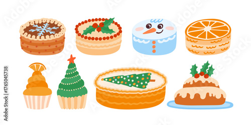 Christmas cake set. Collection of festive cakes or cute winter holiday pies. Holiday pudding, xmas bento cakes, cupcakes. Vector illustration isolated on white.