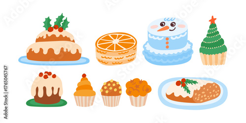 Christmas cake set. Collection of festive cakes or cute winter holiday pies. Holiday pudding, xmas bento cakes, cupcakes, stollen traditional pastry. Vector illustration collection isolated on white.