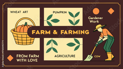 vintage farm and farming infographic poster with agricultural elements and farmer illustration in retro brown design