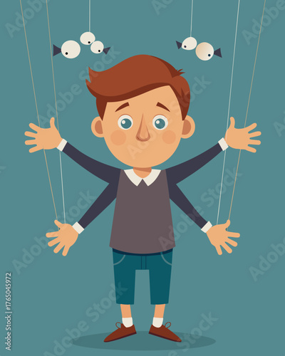 A child completely at the mercy of emotional puppet strings flits between extreme joy and crippling sadness with no control over their own emotions.. Vector illustration