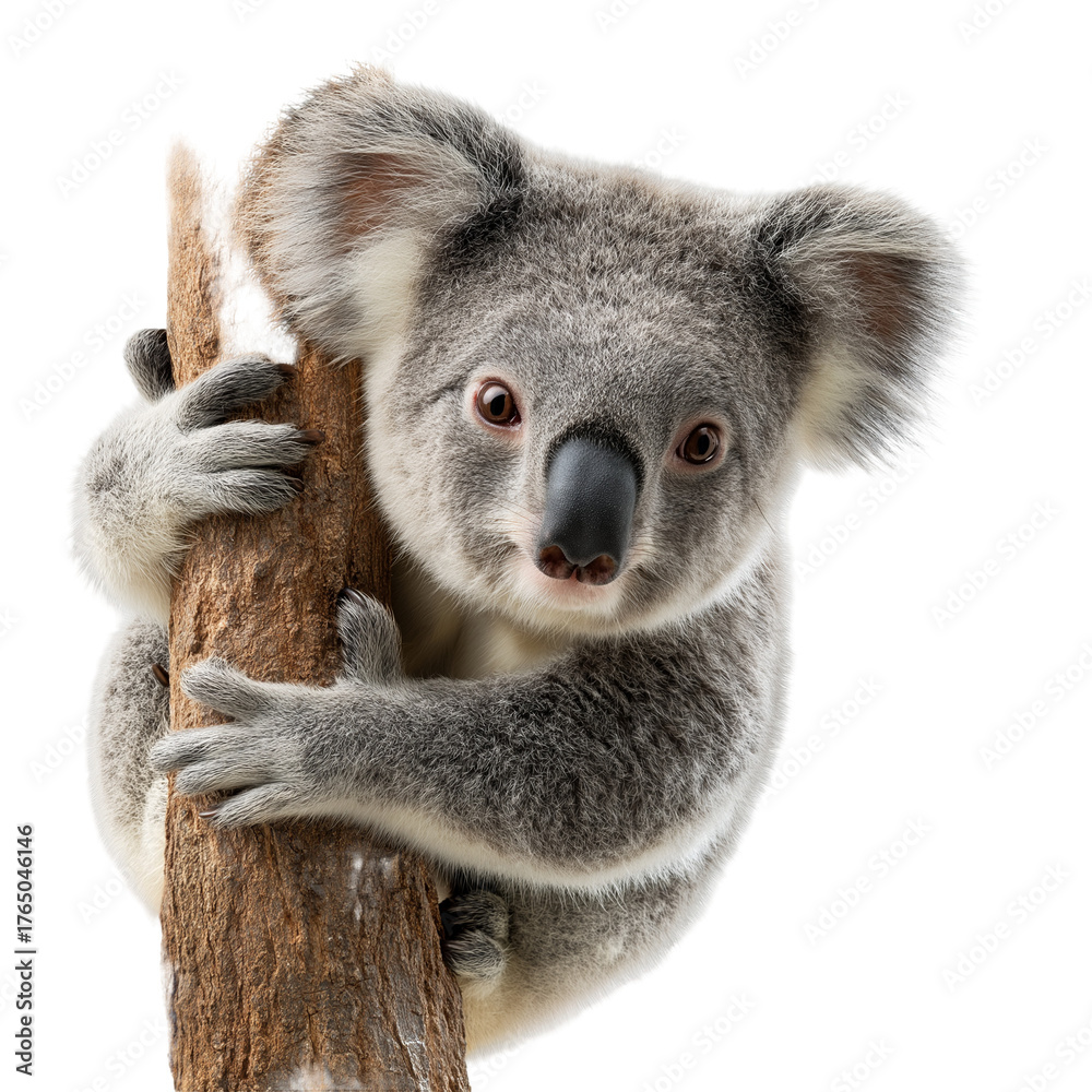 Obraz premium Cute koala resting on a tree branch, gripping bark with furry paws, calm expression, soft grey fur, surrounded by natural greenery isolateed on white or transparent png