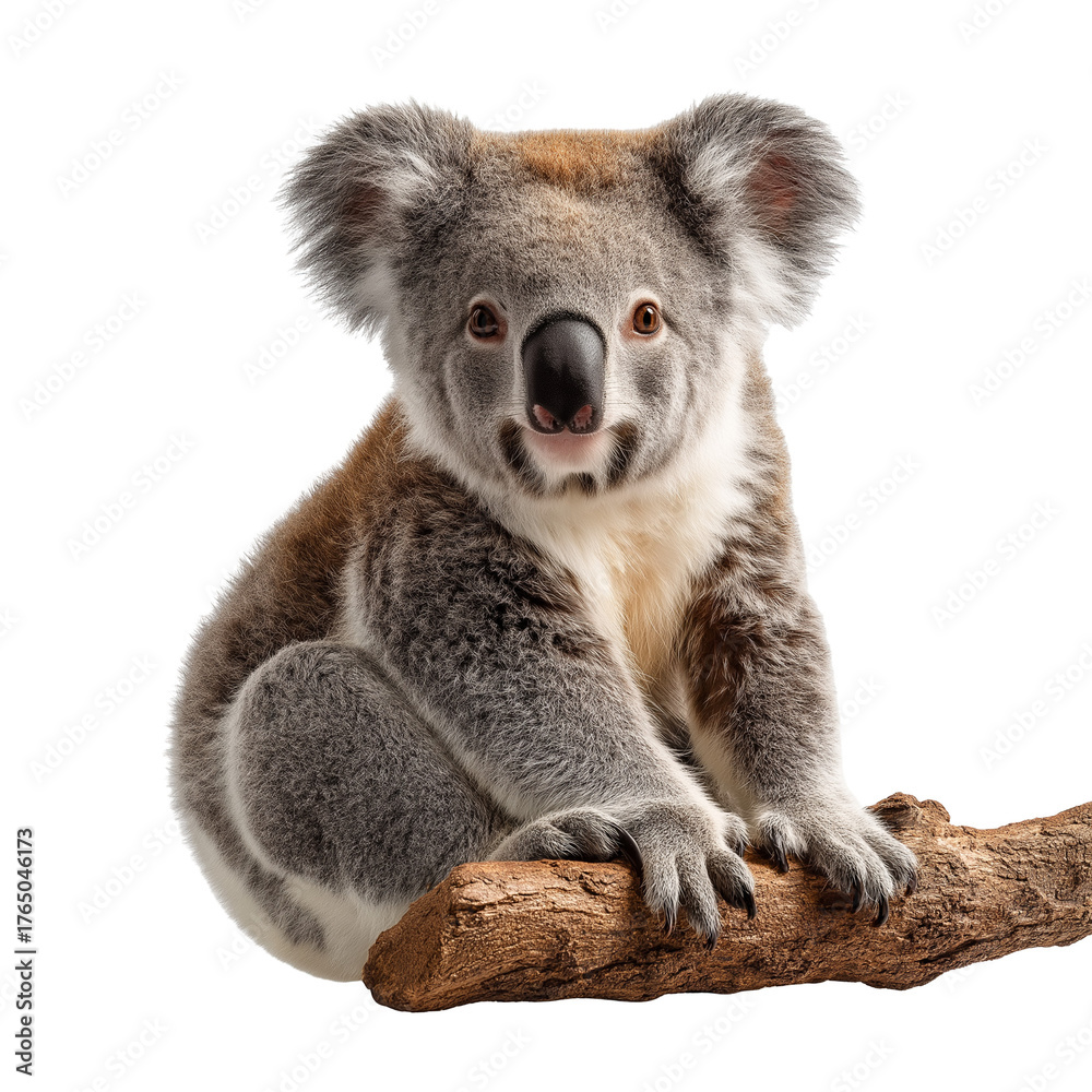 Fototapeta premium Cute koala resting on a tree branch, gripping bark with furry paws, calm expression, soft grey fur, surrounded by natural greenery isolateed on white or transparent png