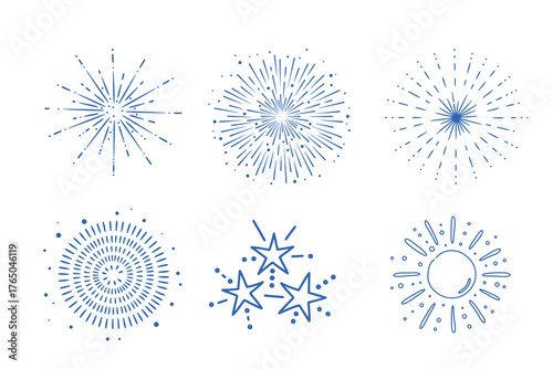 Collection of six abstract blue watercolor starbursts and celestial elements on white background