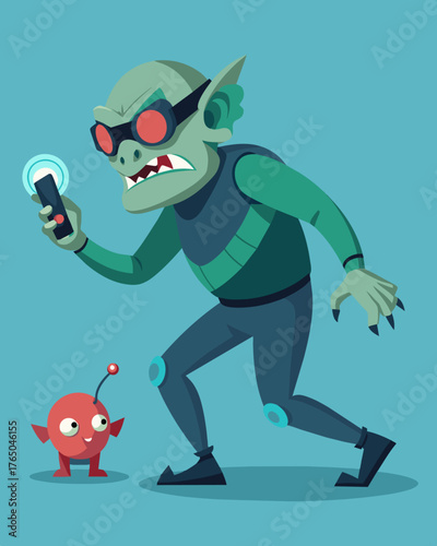 A creepy cybernetic troll terrorizing a persons virtual reality world constantly chasing and destroying their creations.. Vector illustration