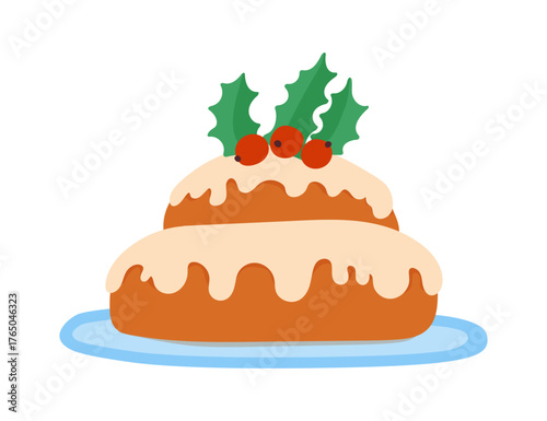 Christmas traditional cake with holy berries. Festive gingerbread glazed cake. Flat vector illustration isolated on white background.