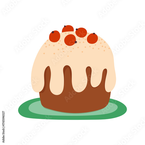 Christmas glazed cake with holy berries. Cute festive gingerbread pastry. Flat vector illustration isolated on white background.