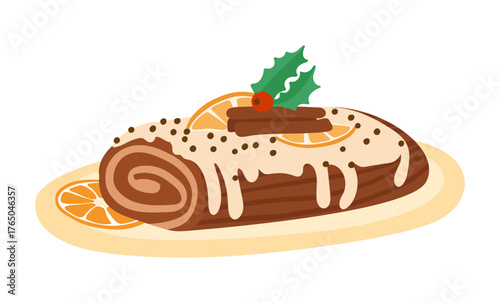 Christmas Yule Log cake. Classic winter holidays dessert. Hand drawn vector illustration. Traditional french roulade decorated with chocolate cream, whipped frosting, icing and Xmas holly berries.