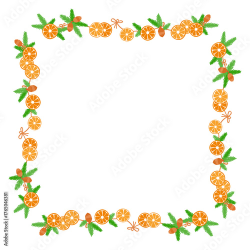 Festive composition with fir branches and dried orange slices. Sustainable Christmas and rustic holiday decor. Vector illustration border frame.