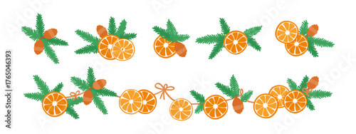 Eco-friendly vector compositions and garland with fir branches and dried orange slices. Sustainable Christmas and rustic holiday decor collection. Vector illustration set.