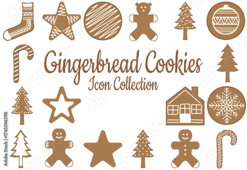 A collection of gingerbread cake decoration icons, a typical cake for Christmas and New Year moments, icons suitable as complements for greeting card designs, banners, posters, gift wrap, and more