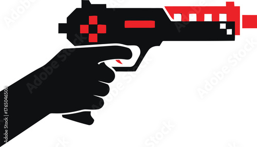 Pixelated hand holding a pistol a graphic design element for gaming concepts or digital art projects perfect for a modern creative design vector Game logo