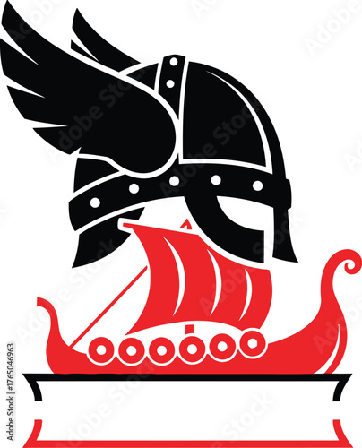Viking illustration design featuring a winged helmet and longboat emblem perfect for scandinavian themes exploration seafaring history and travel adventure logos vector Game logo