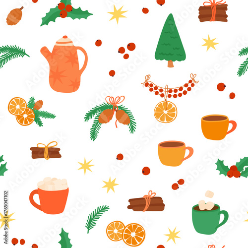 Christmas seamless vector pattern. Mood of drinking coffee with marshmallows, Christmas tree decorations, cinnamon sticks and oranges.