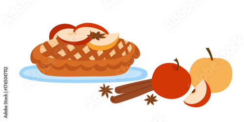 Apple pie and spices isolated on white. Simple hand drawn vector illustration.