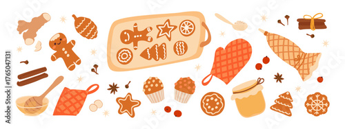 Set of Christmas baking elements isolated on white. Winter holidays home baking. Vector flat illustration. Gingerbread cookies, ingredient cooking, decoration, berries.